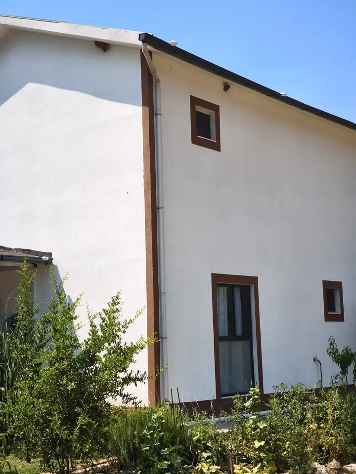 White wall of the house with brown trim, surrounded by shrubs